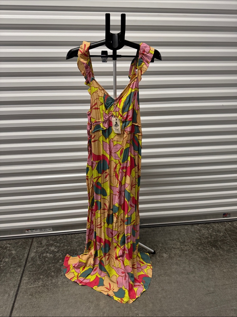 easel Yellow Floral Ruffled-Strap Maxi Dress with Pink & Green Accents